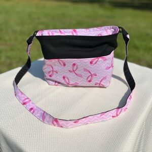 Pink ribbon and black handmade cotton purse.